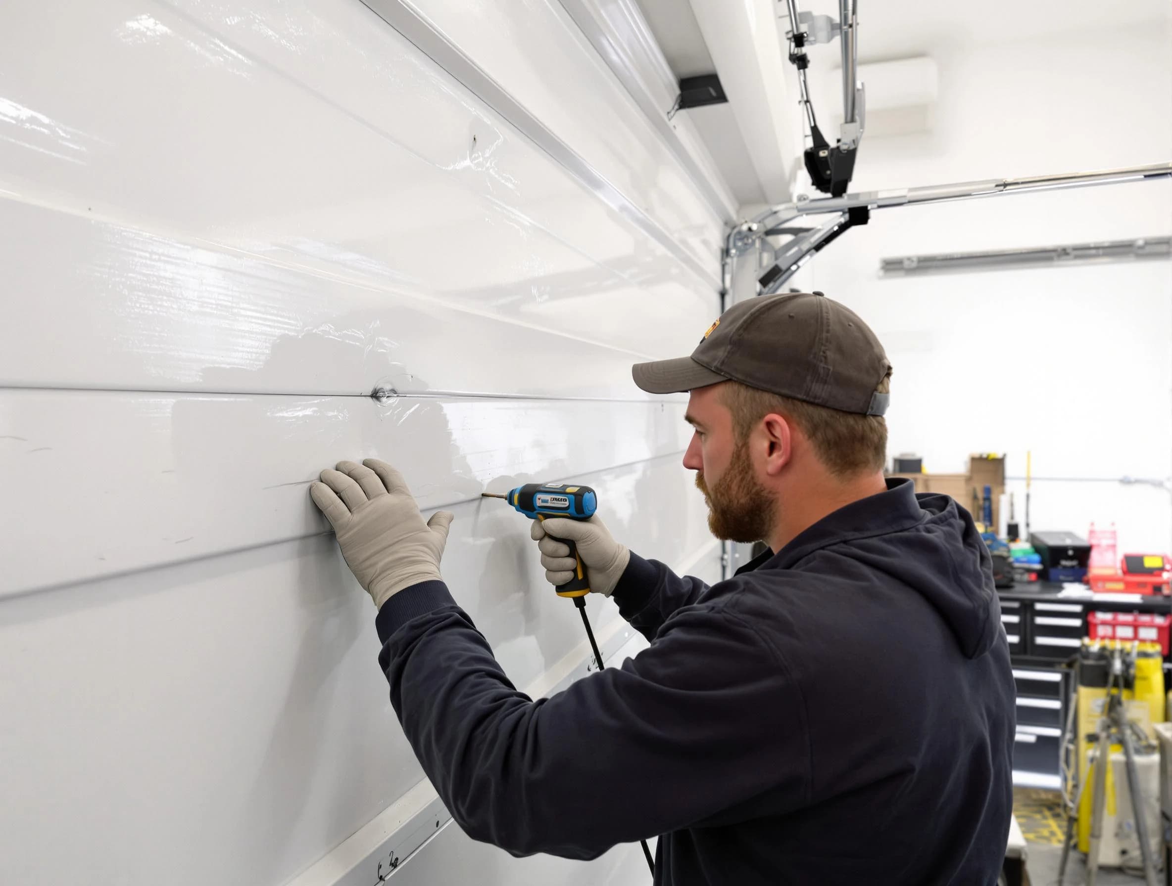 Pine Garage Door Repair technician demonstrating precision dent removal techniques on a Pine garage door