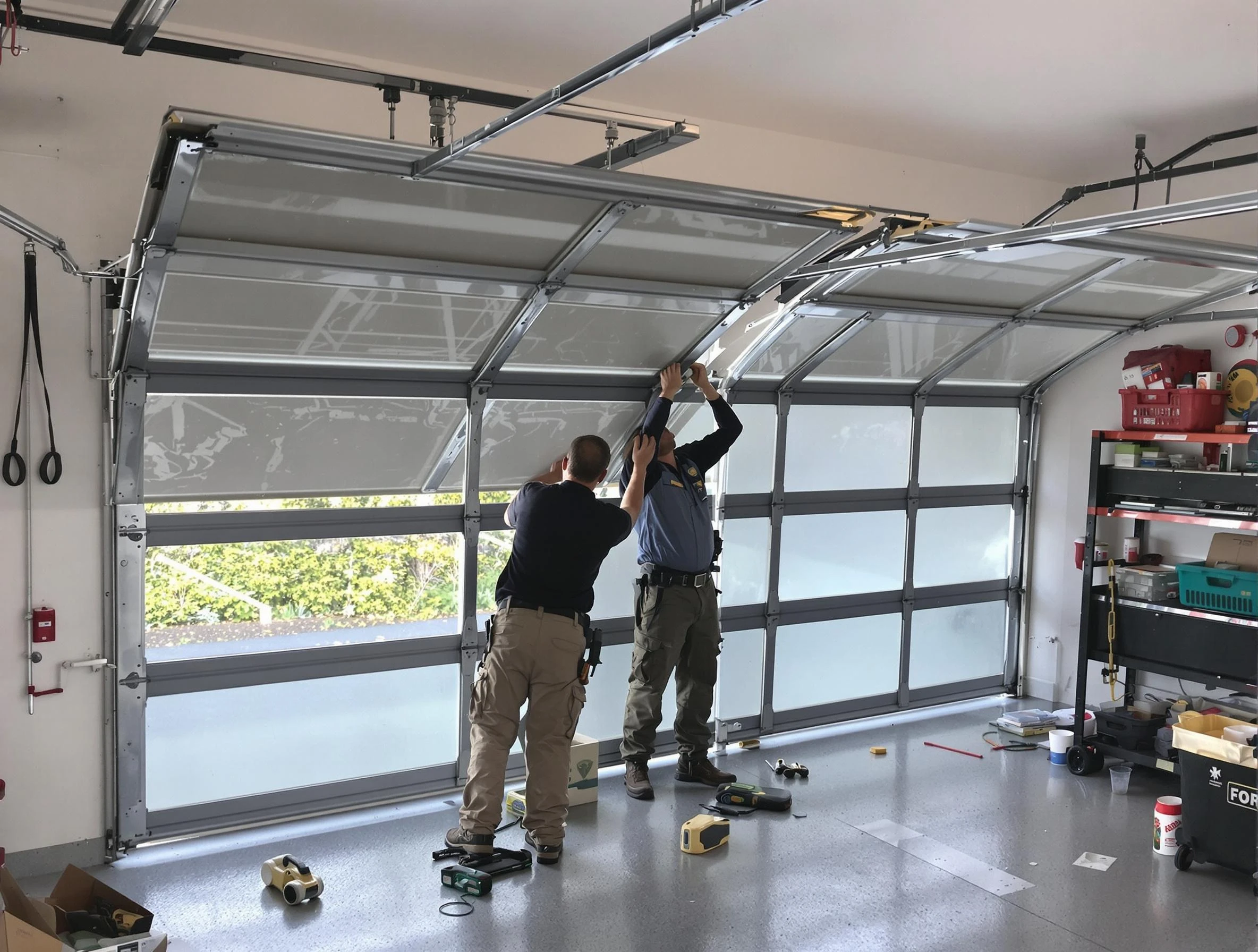 Pine Garage Door Repair expert performing precise panel replacement on Pine garage door